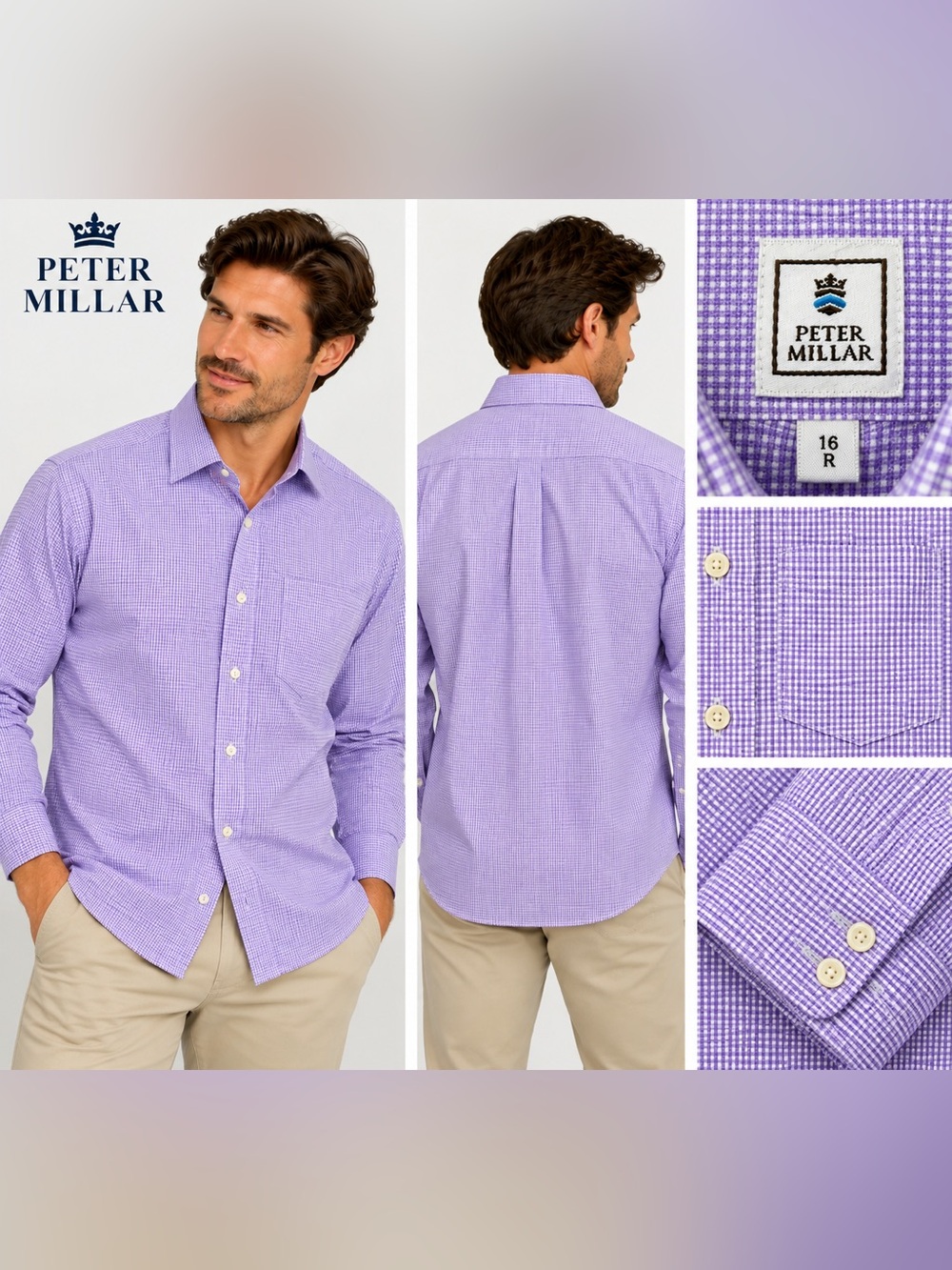 Peter Millar Men’s 16R Purple Lavender & white Gingham Button Down Shirt